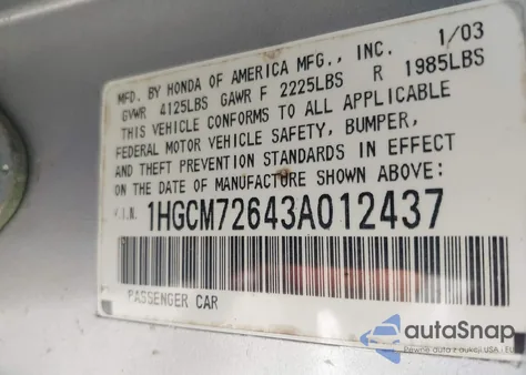 2003 Honda Accord 2.4 Ex from USA, damaged, VIN 1HGCM72643A012437